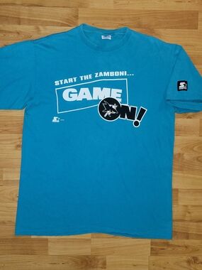 Vintage STARTER San Jose Sharks NHL "Game On" Teal Graphic Tee, Mens Large